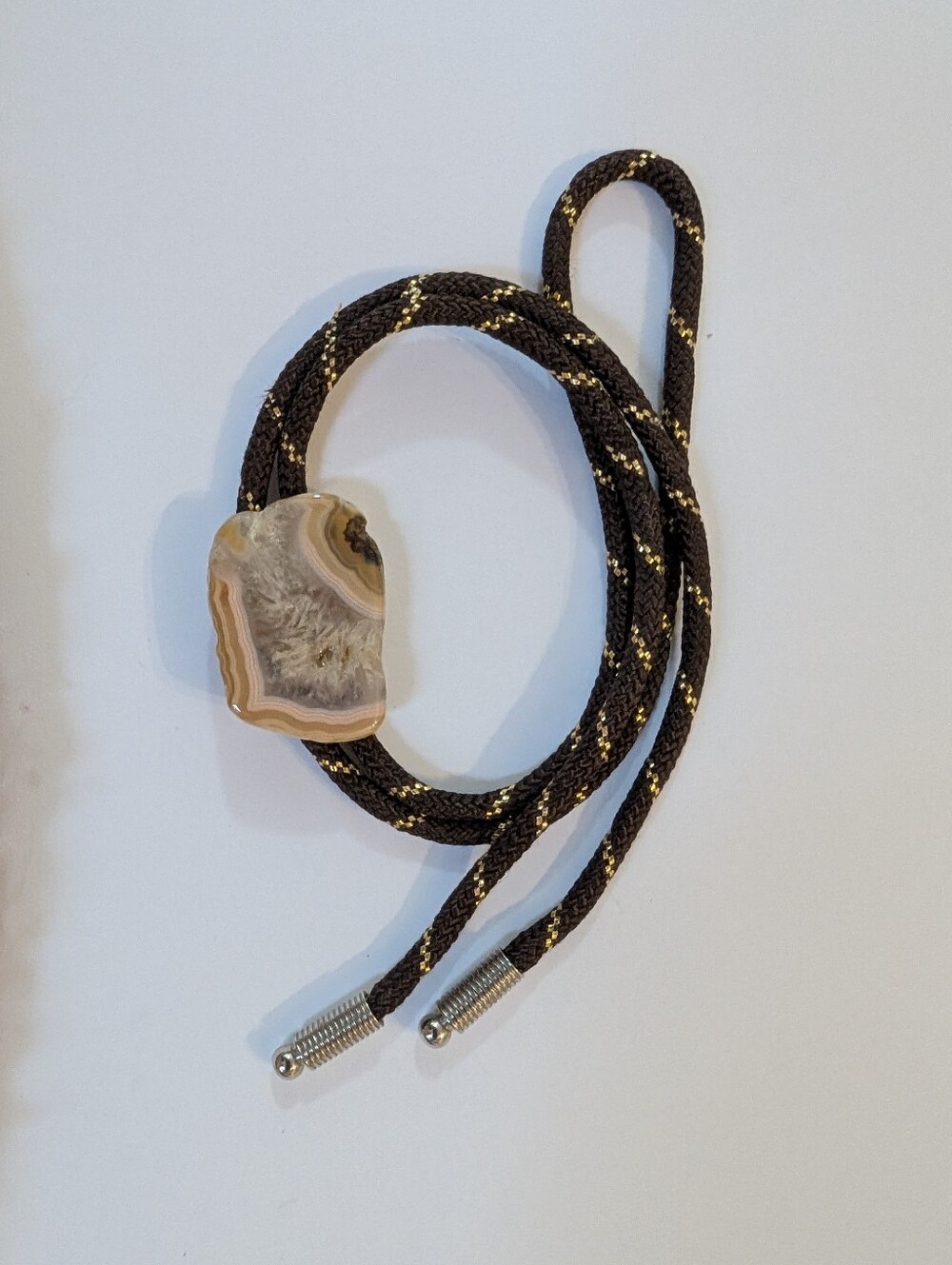 Brown Agate Geode Slice Stone Bolo Tie Gold Accents Western Boho